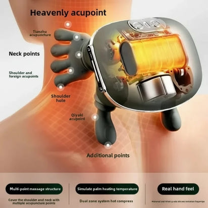 Portable Heated Finger Pressure Neck and Back Massager, Electric Deep Tissue 4D Simulation Hand Design, Relaxing Muscles